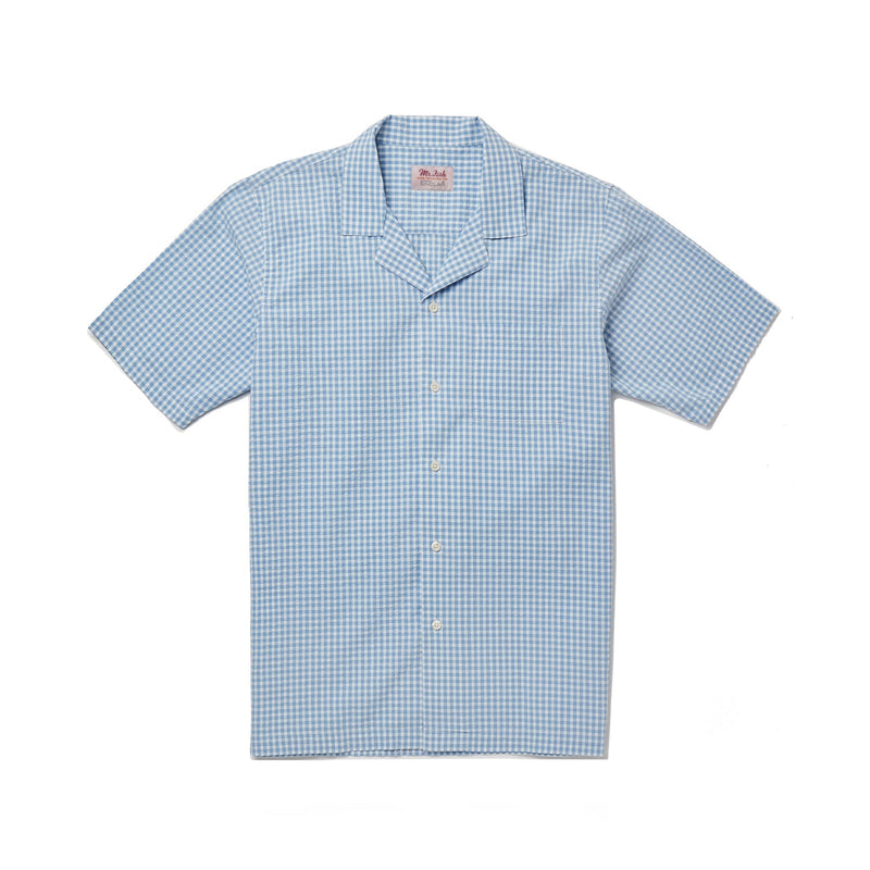 Blue Gingham Seersucker Camp Collar Shirt
