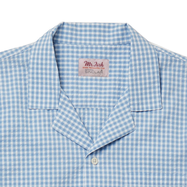 Blue Gingham Seersucker Camp Collar Shirt